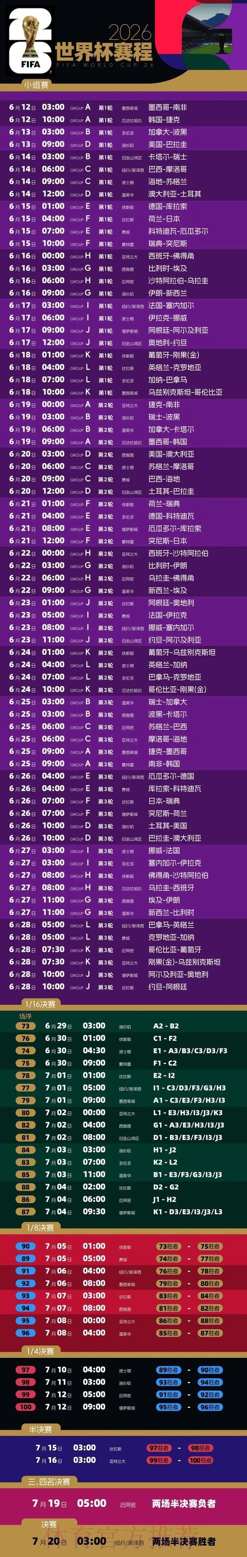 2026世界杯每日赛程一览完整安排实时查看